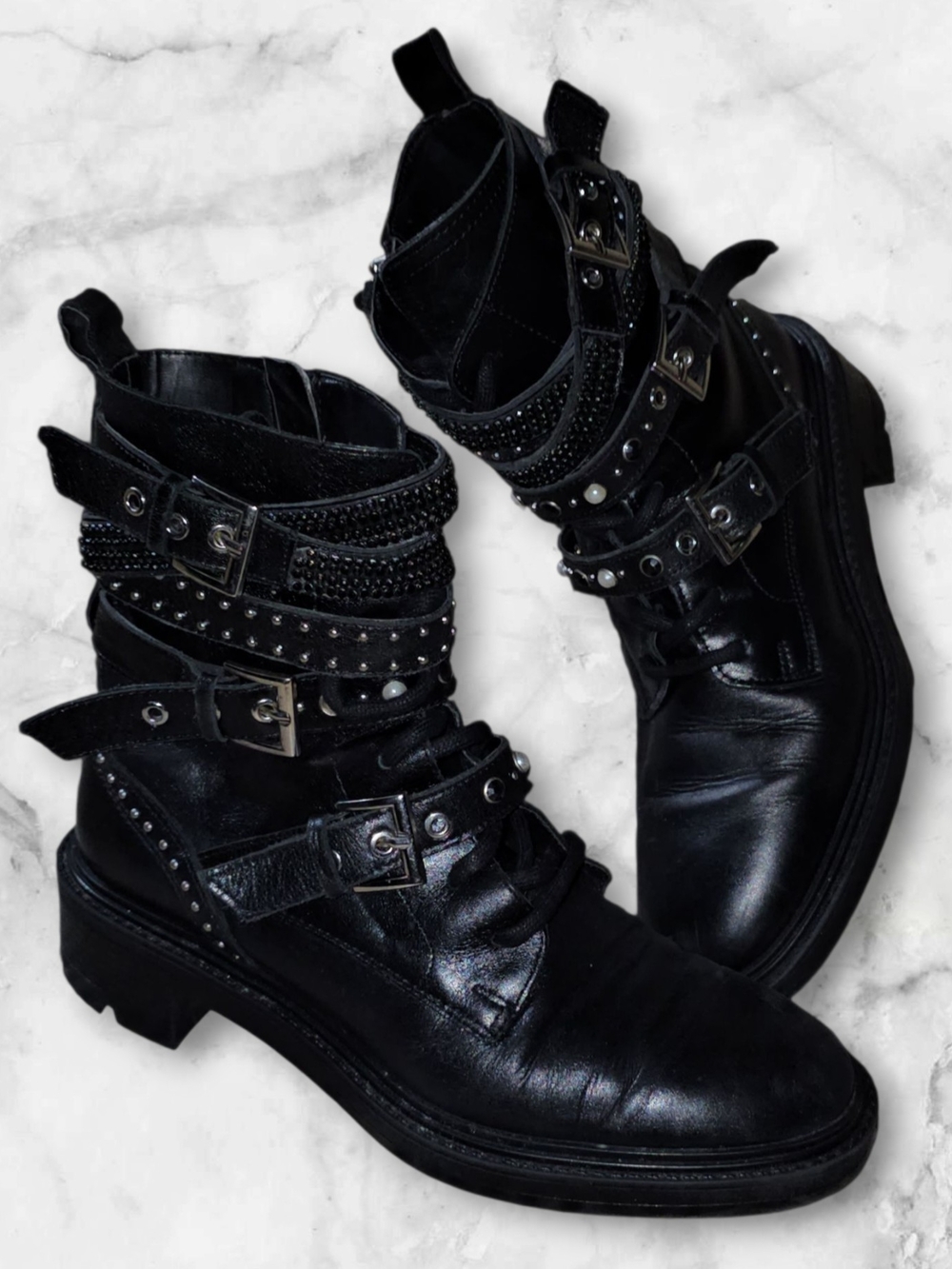 Black Studded Buckle Combat Boots - Women's Size 38